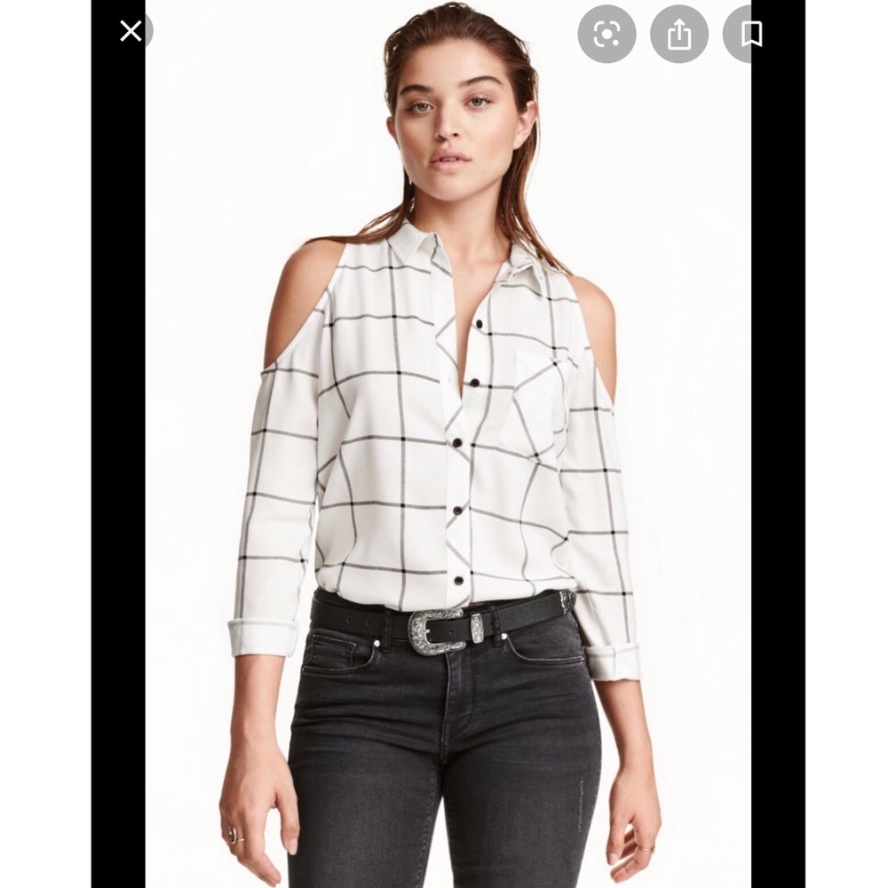 H&M cold shoulder plaid button down